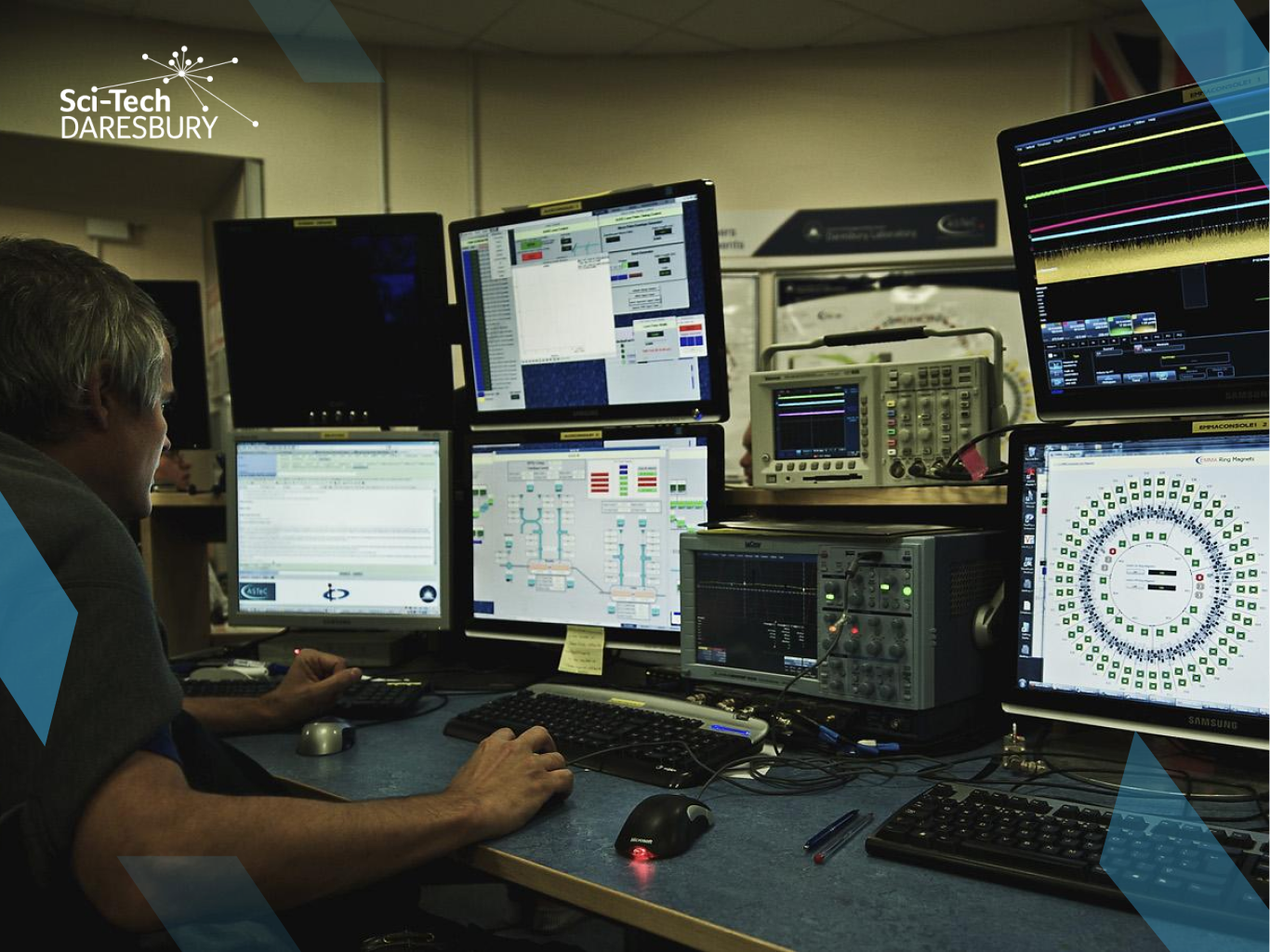Benefits of Science Parks – Featured Image Photo of man working on scientific computers with all screens visible. Sci-Tech Daresbury logo in the top left corner.